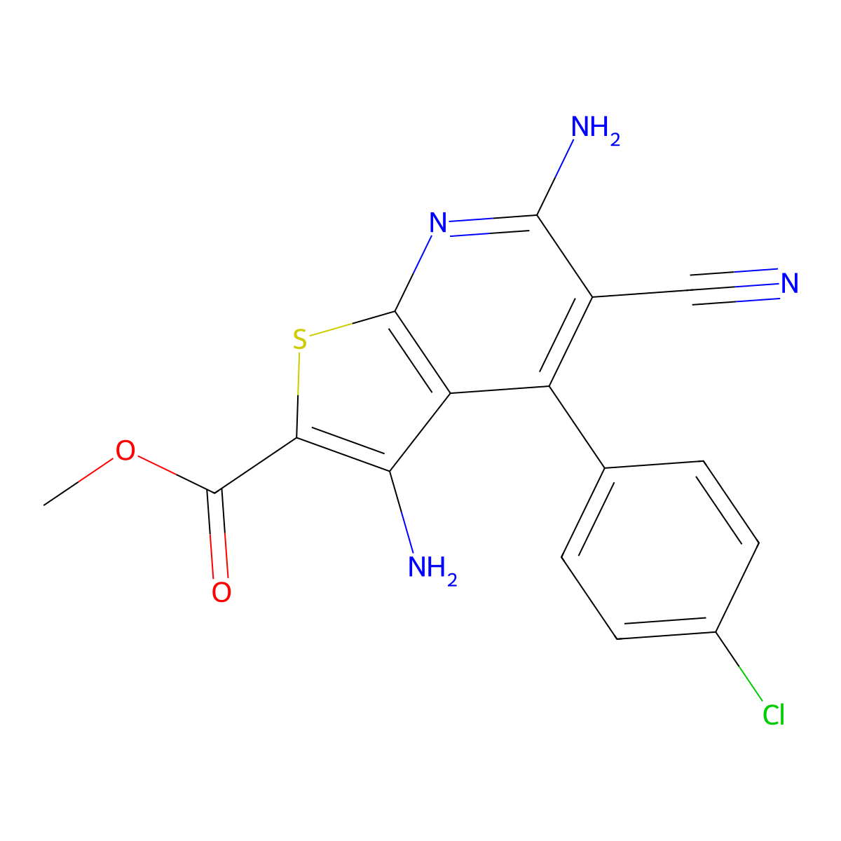 Methyl 3,6-diamino-4-(4-chlorophenyl)-5-cyanothieno[2,3-b]pyridine-2-carboxylate molecular structure, CAS 476318-46-4
