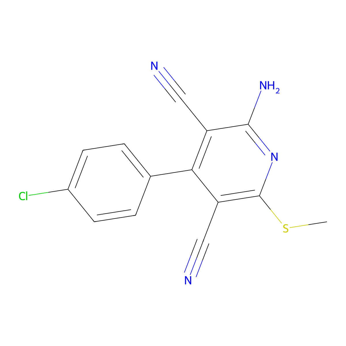 2-Amino-4-(4-chlorophenyl)-6-(methylthio)pyridine-3,5-dicarbonitrile molecular structure, CAS 476318-52-2