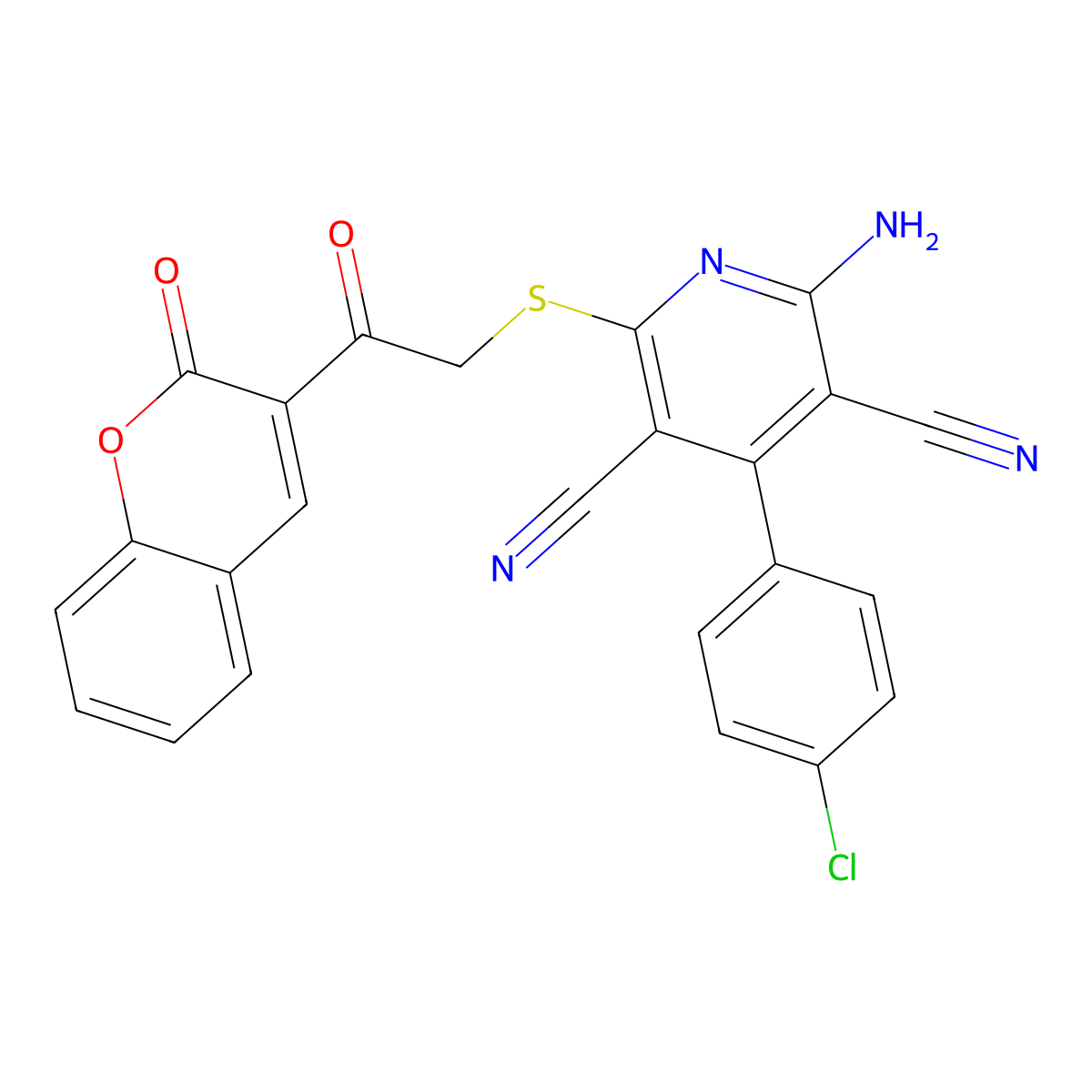 2-Amino-4-(4-chlorophenyl)-6-[2-oxo-2-(2-oxochromen-3-yl)ethyl]sulfanylpyridine-3,5-dicarbonitrile molecular structure, CAS 476318-56-6