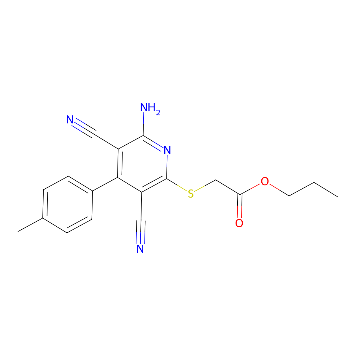 Propyl 2-((6-amino-3,5-dicyano-4-(p-tolyl)pyridin-2-yl)thio)acetate molecular structure, CAS 476318-74-8