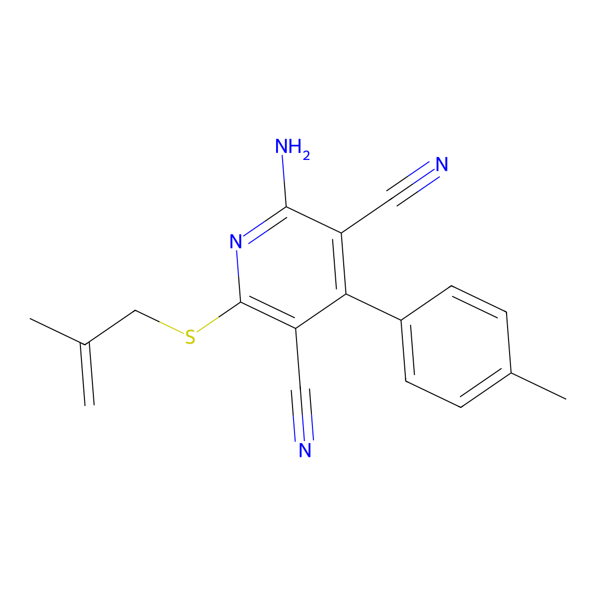 2-Amino-4-(4-methylphenyl)-6-(2-methylprop-2-enylsulfanyl)pyridine-3,5-dicarbonitrile molecular structure, CAS 476318-81-7