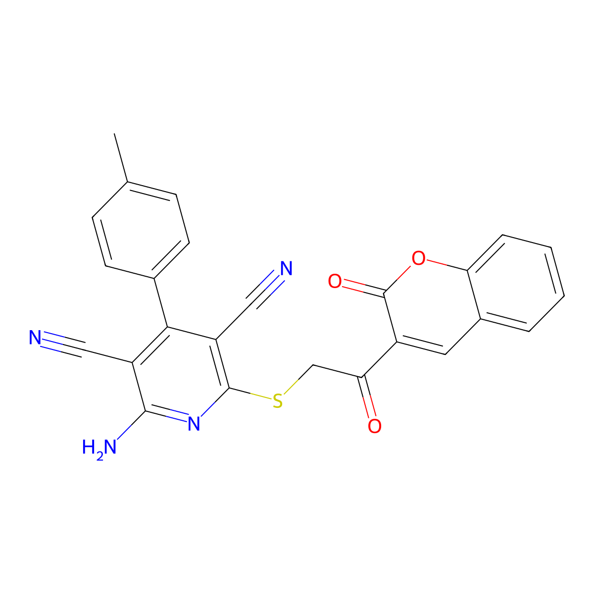 2-amino-6-((2-oxo-2-(2-oxo-2H-chromen-3-yl)ethyl)thio)-4-(p-tolyl)pyridine-3,5-dicarbonitrile molecular structure, CAS 476318-85-1