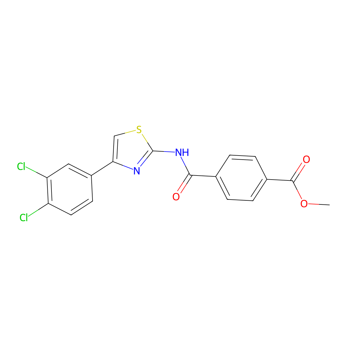 Methyl 4-((4-(3,4-dichlorophenyl)thiazol-2-yl)carbamoyl)benzoate molecular structure, CAS 476326-56-4