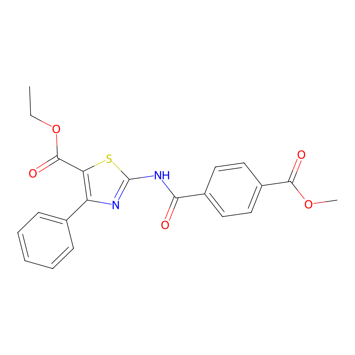 Ethyl 2-(4-(methoxycarbonyl)benzamido)-4-phenylthiazole-5-carboxylate molecular structure, CAS 476326-57-5