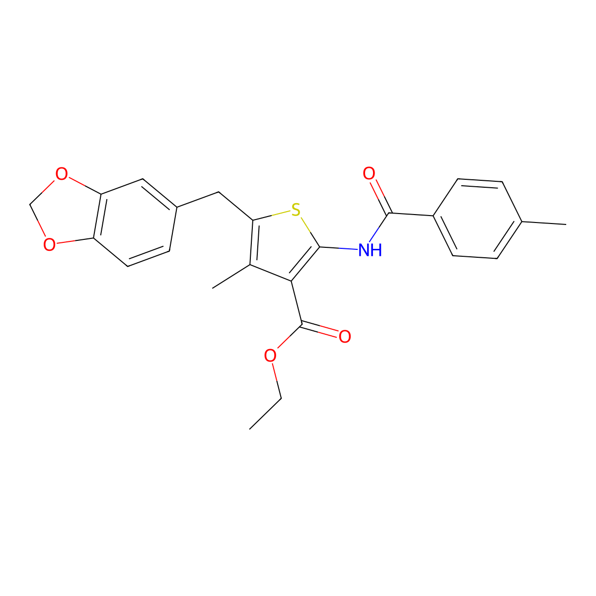 Ethyl 5-(1,3-benzodioxol-5-ylmethyl)-4-methyl-2-[(4-methylbenzoyl)amino]thiophene-3-carboxylate molecular structure, CAS 476365-23-8