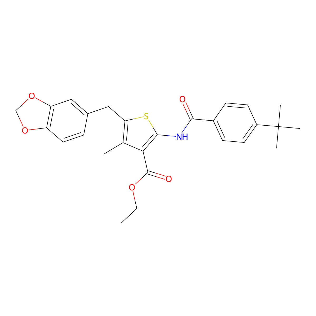 Ethyl 5-(benzo[d][1,3]dioxol-5-ylmethyl)-2-(4-(tert-butyl)benzamido)-4-methylthiophene-3-carboxylate molecular structure, CAS 476365-27-2
