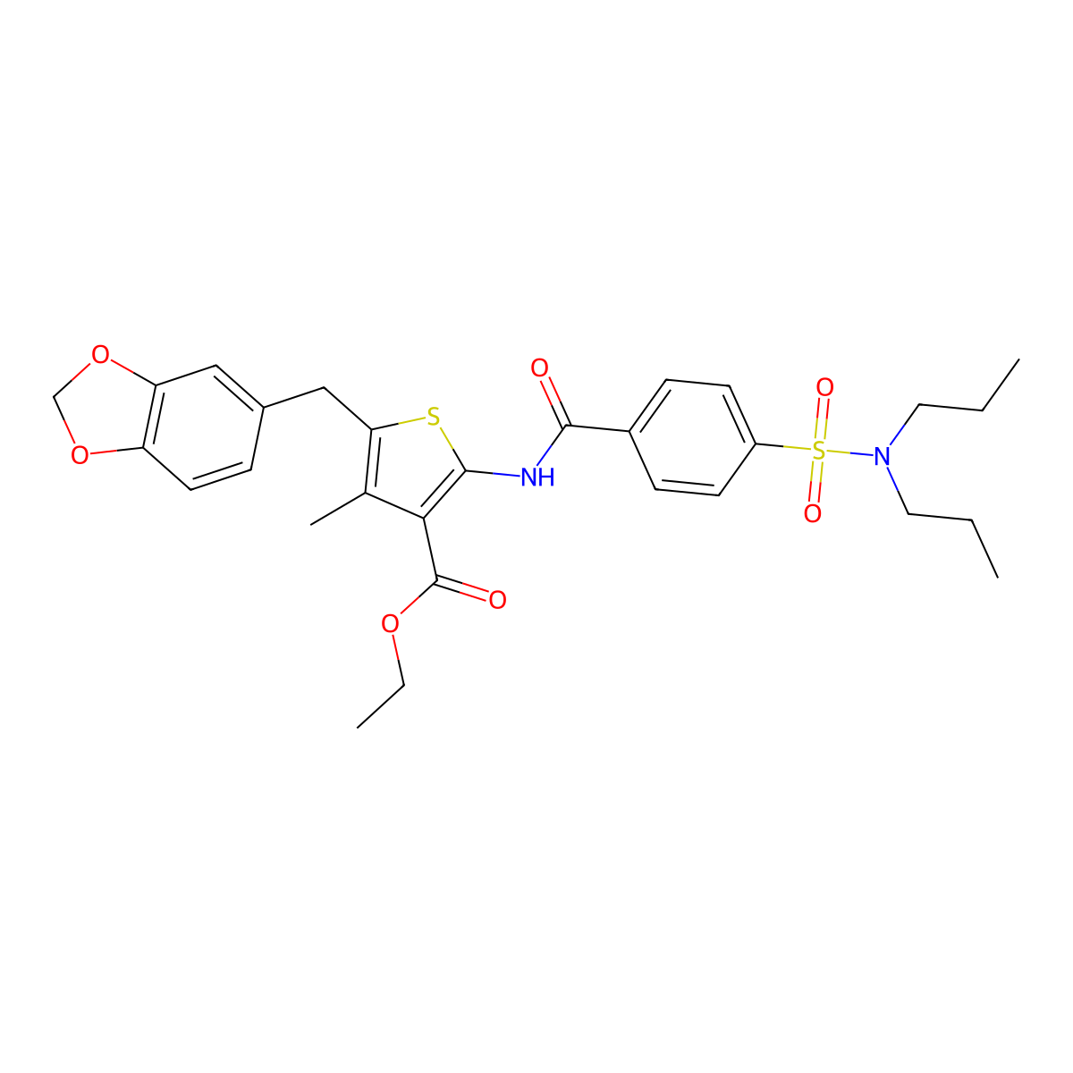 ethyl 5-(benzo[d][1,3]dioxol-5-ylmethyl)-2-(4-(N,N-dipropylsulfamoyl)benzamido)-4-methylthiophene-3-carboxylate molecular structure, CAS 476365-33-0