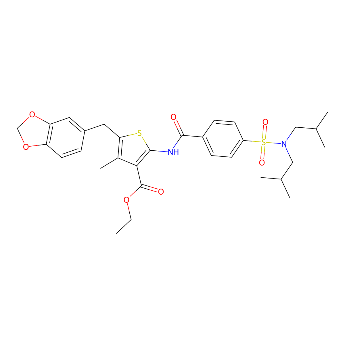 ethyl 5-(benzo[d][1,3]dioxol-5-ylmethyl)-2-(4-(N,N-diisobutylsulfamoyl)benzamido)-4-methylthiophene-3-carboxylate molecular structure, CAS 476365-35-2