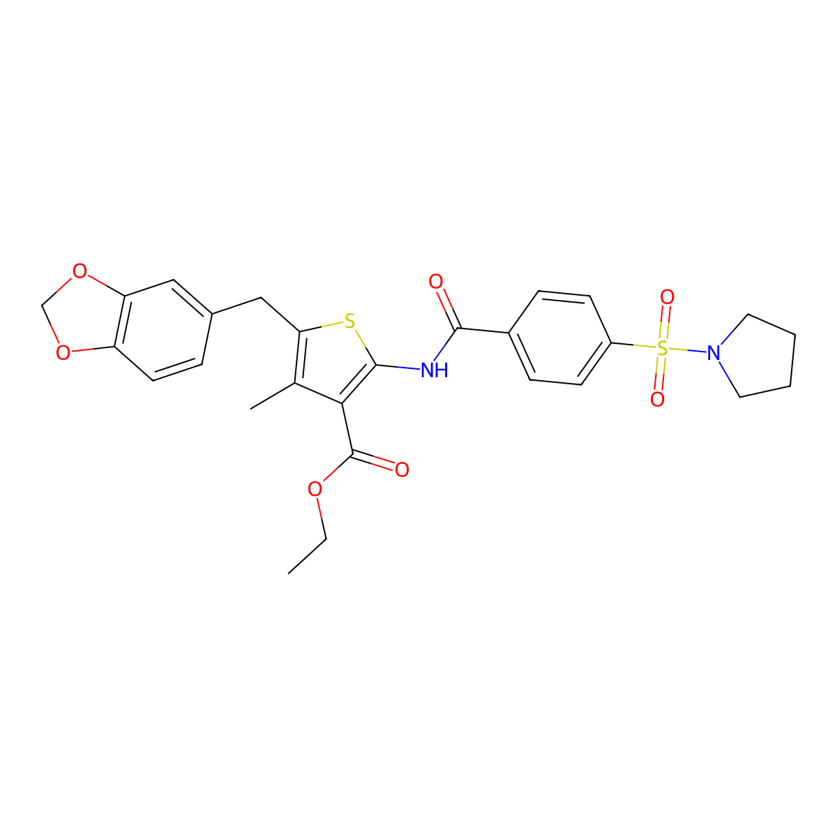 Ethyl 5-(1,3-benzodioxol-5-ylmethyl)-4-methyl-2-[(4-pyrrolidin-1-ylsulfonylbenzoyl)amino]thiophene-3-carboxylate molecular structure, CAS 476365-37-4