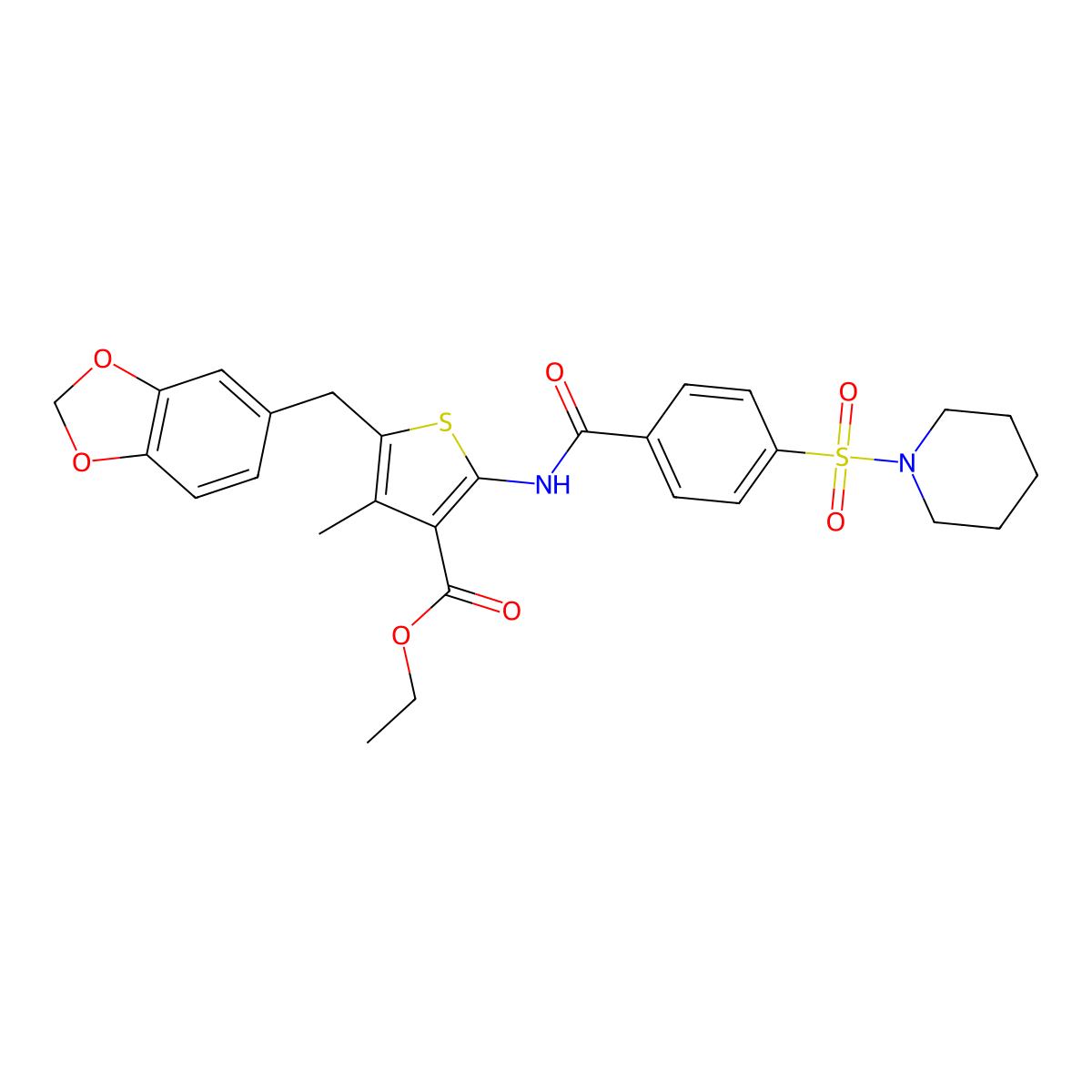 Ethyl 5-(benzo[d][1,3]dioxol-5-ylmethyl)-4-methyl-2-(4-(piperidin-1-ylsulfonyl)benzamido)thiophene-3-carboxylate molecular structure, CAS 476365-38-5