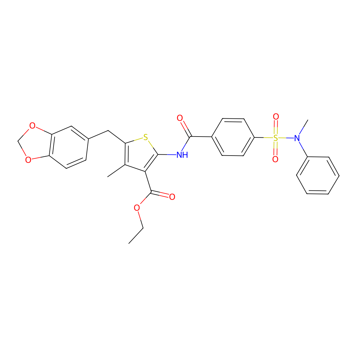 ethyl 5-(benzo[d][1,3]dioxol-5-ylmethyl)-4-methyl-2-(4-(N-methyl-N-phenylsulfamoyl)benzamido)thiophene-3-carboxylate molecular structure, CAS 476365-42-1