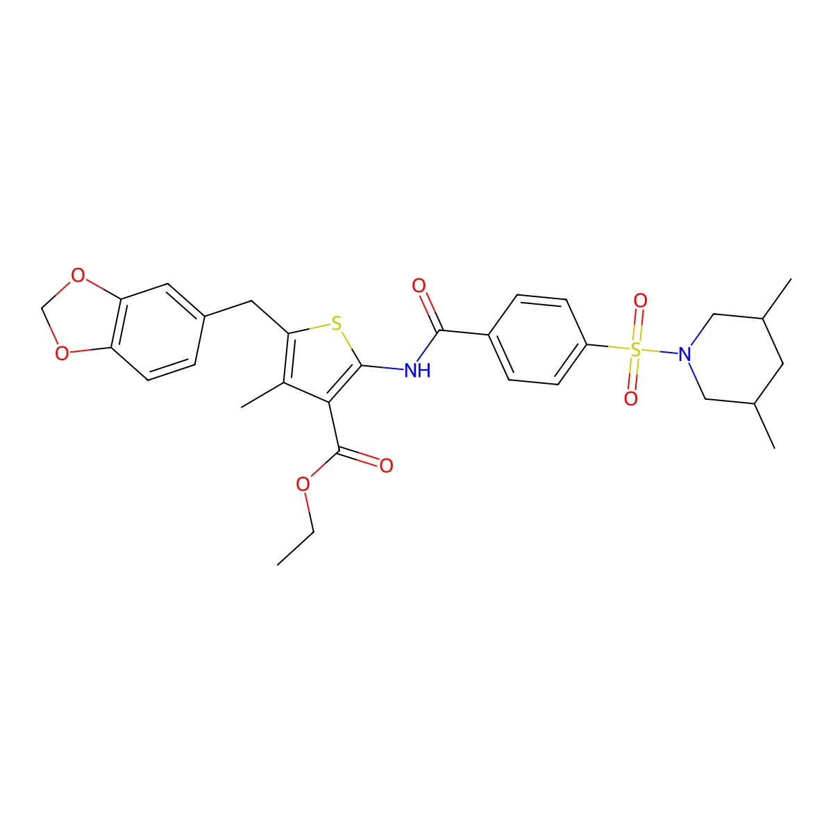 Ethyl 5-(1,3-benzodioxol-5-ylmethyl)-2-[[4-(3,5-dimethylpiperidin-1-yl)sulfonylbenzoyl]amino]-4-methylthiophene-3-carboxylate molecular structure, CAS 476365-46-5