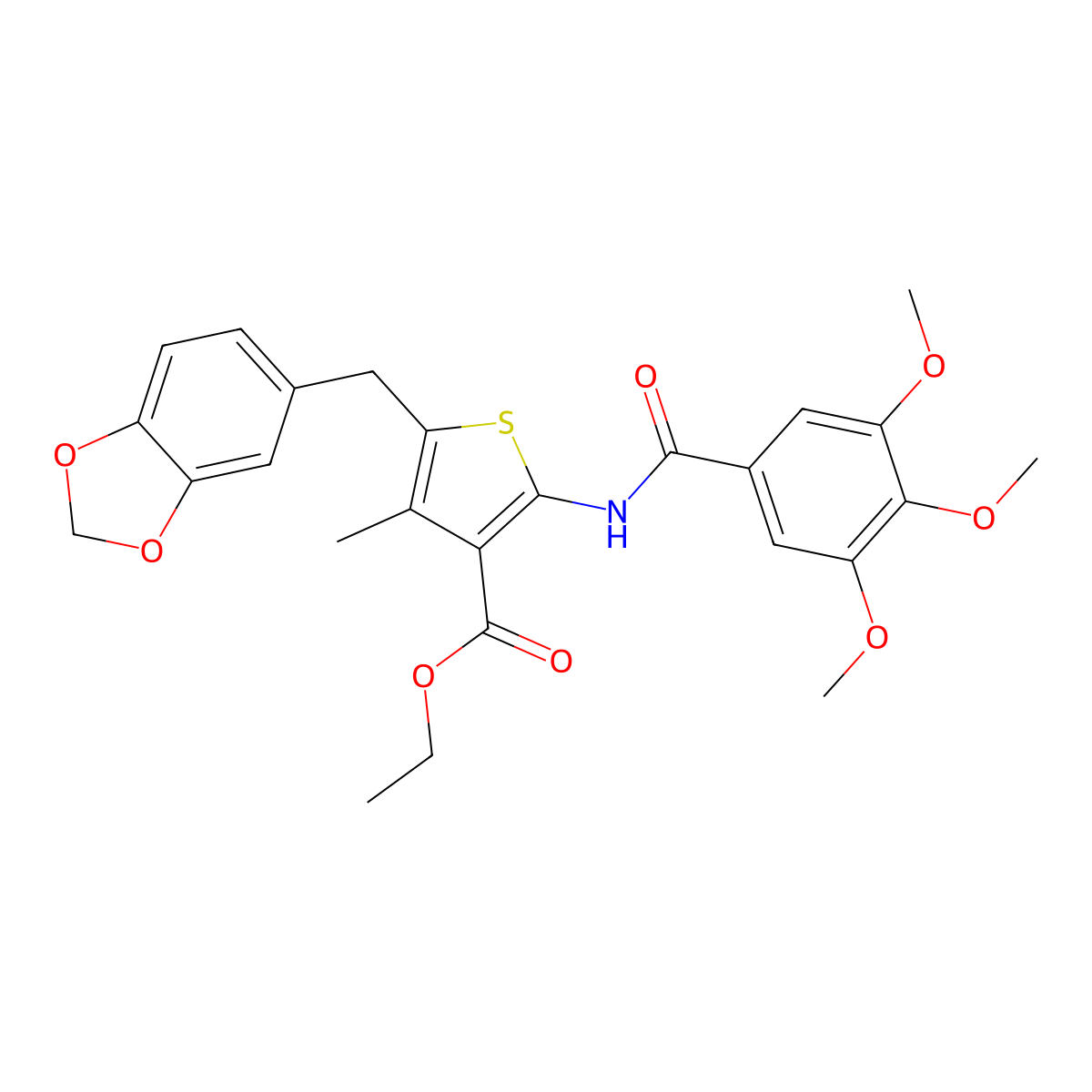 Ethyl 5-(benzo[d][1,3]dioxol-5-ylmethyl)-4-methyl-2-(3,4,5-trimethoxybenzamido)thiophene-3-carboxylate molecular structure, CAS 476365-59-0