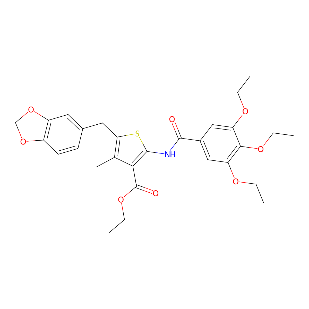Ethyl 5-(benzo[d][1,3]dioxol-5-ylmethyl)-4-methyl-2-(3,4,5-triethoxybenzamido)thiophene-3-carboxylate molecular structure, CAS 476365-60-3