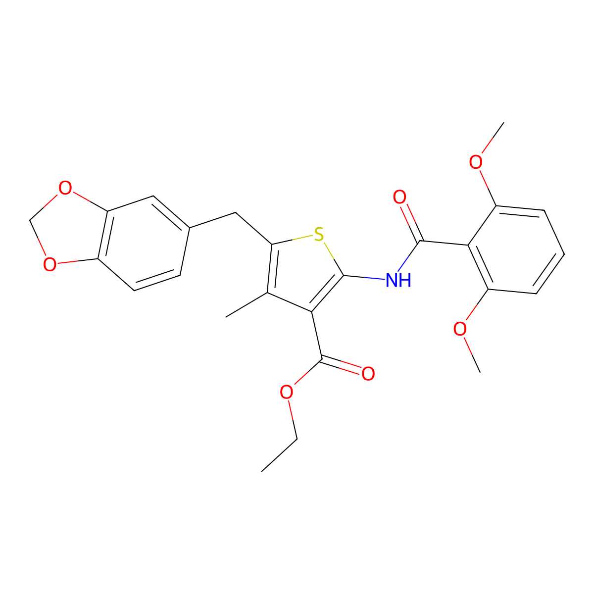 Ethyl 5-(benzo[d][1,3]dioxol-5-ylmethyl)-2-(2,6-dimethoxybenzamido)-4-methylthiophene-3-carboxylate molecular structure, CAS 476365-61-4