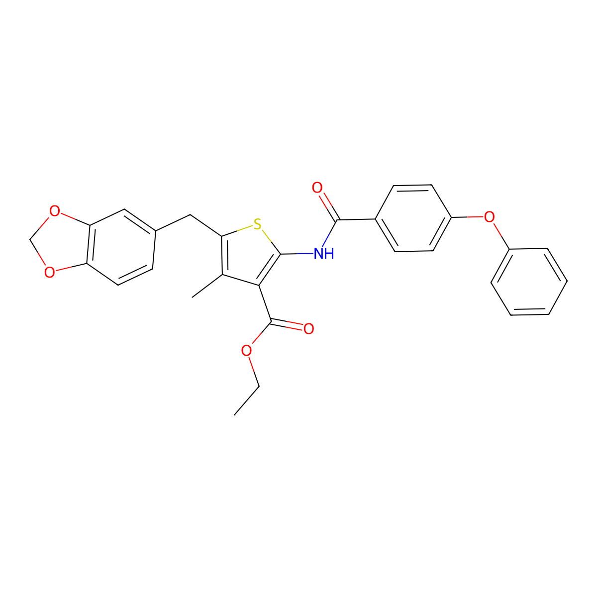 Ethyl 5-(1,3-benzodioxol-5-ylmethyl)-4-methyl-2-[(4-phenoxybenzoyl)amino]thiophene-3-carboxylate molecular structure, CAS 476365-63-6