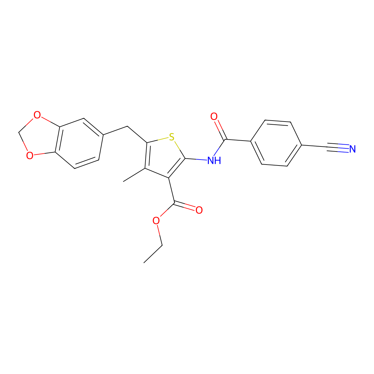 Ethyl 5-(1,3-benzodioxol-5-ylmethyl)-2-[(4-cyanobenzoyl)amino]-4-methylthiophene-3-carboxylate molecular structure, CAS 476365-68-1