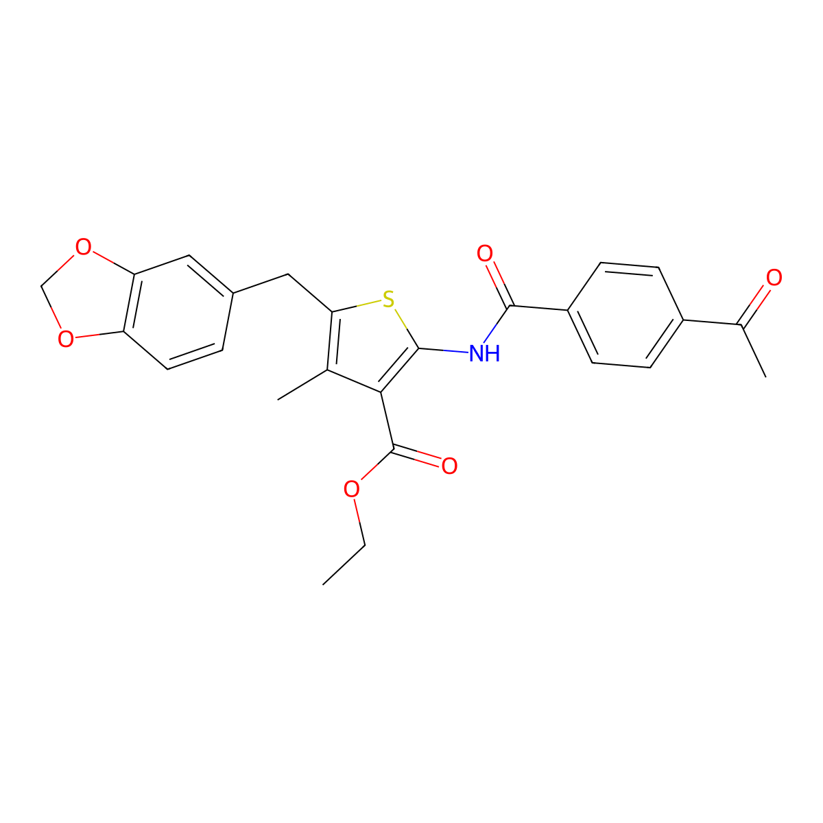 Ethyl 2-(4-acetylbenzamido)-5-(benzo[d][1,3]dioxol-5-ylmethyl)-4-methylthiophene-3-carboxylate molecular structure, CAS 476365-69-2