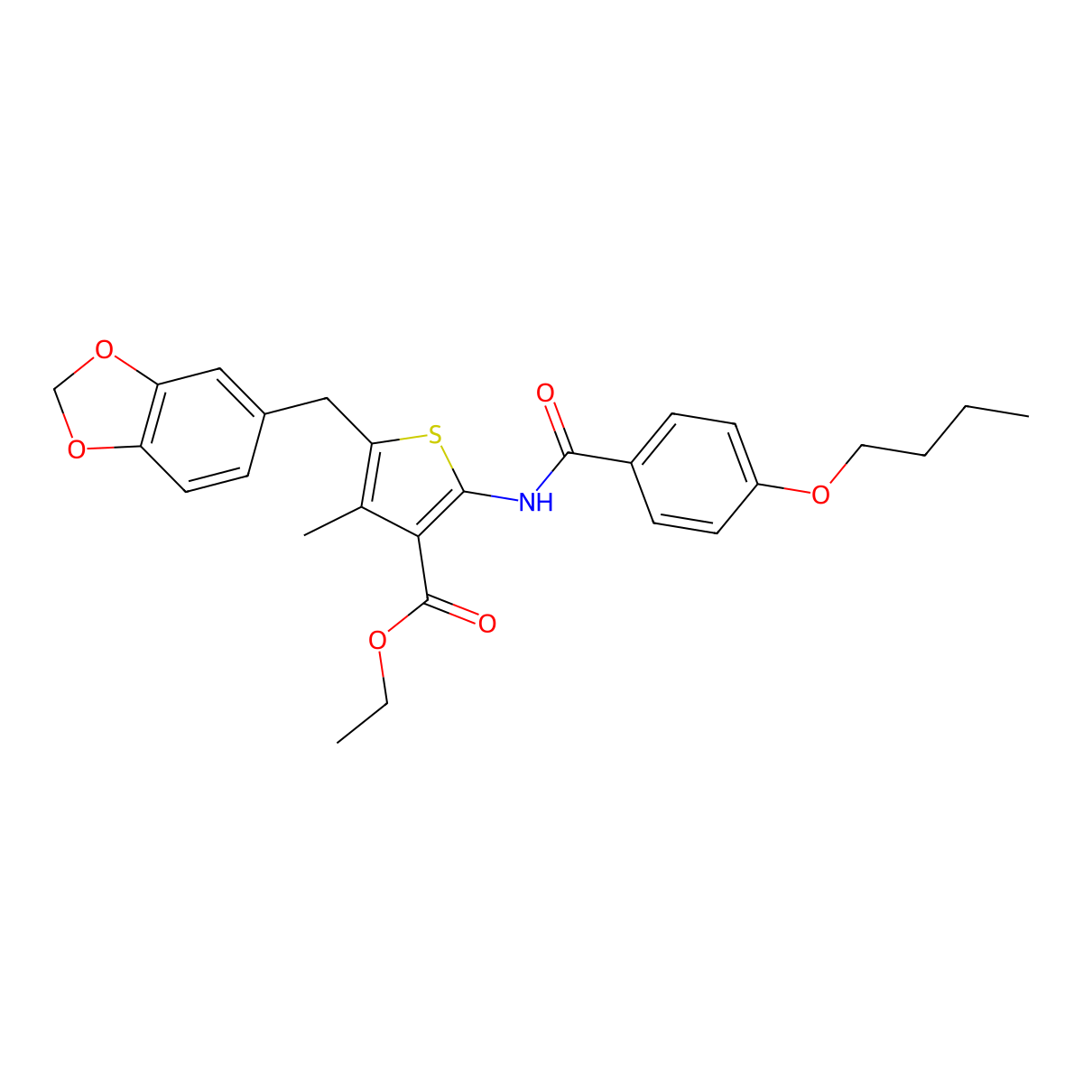 Ethyl 5-(benzo[d][1,3]dioxol-5-ylmethyl)-2-(4-butoxybenzamido)-4-methylthiophene-3-carboxylate molecular structure, CAS 476365-71-6