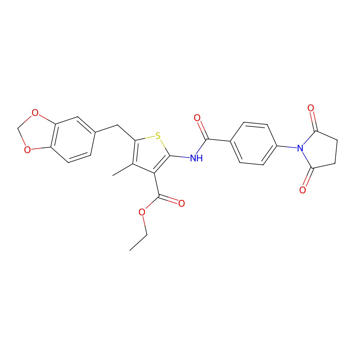 Ethyl 5-(benzo[d][1,3]dioxol-5-ylmethyl)-2-(4-(2,5-dioxopyrrolidin-1-yl)benzamido)-4-methylthiophene-3-carboxylate molecular structure, CAS 476365-74-9