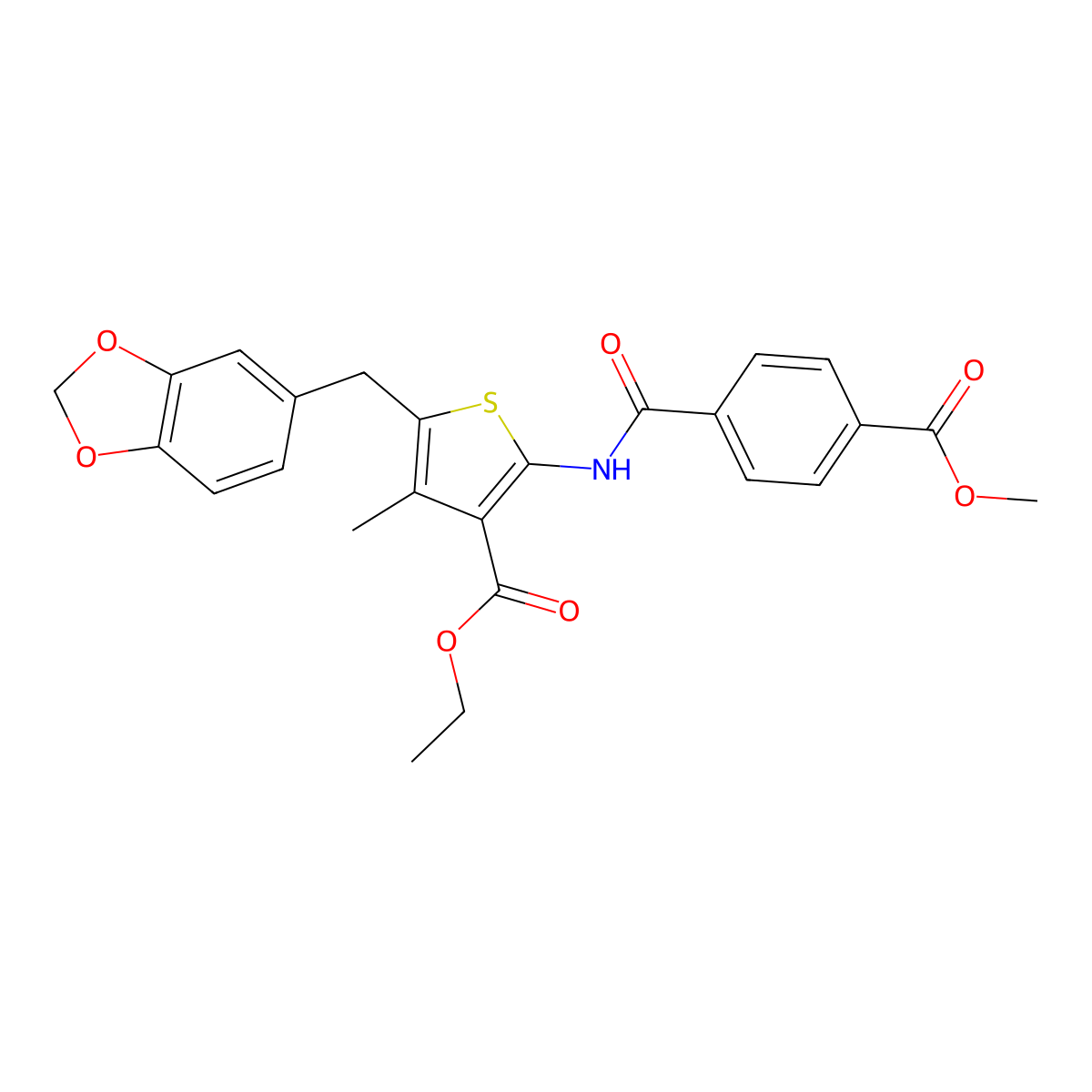 Ethyl 5-(benzo[d][1,3]dioxol-5-ylmethyl)-2-(4-(methoxycarbonyl)benzamido)-4-methylthiophene-3-carboxylate molecular structure, CAS 476365-80-7