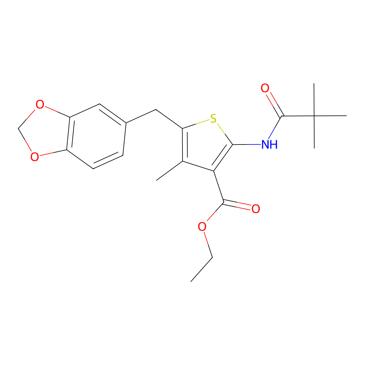 Ethyl 5-(benzo[d][1,3]dioxol-5-ylmethyl)-4-methyl-2-pivalamidothiophene-3-carboxylate molecular structure, CAS 476365-82-9