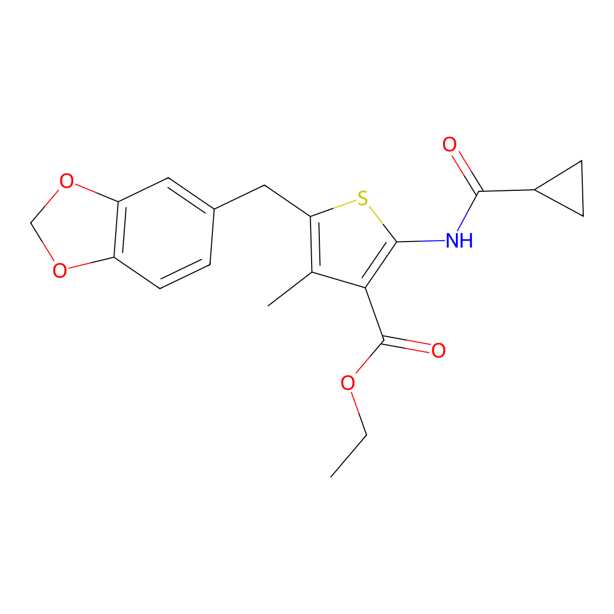Ethyl 5-(benzo[d][1,3]dioxol-5-ylmethyl)-2-(cyclopropanecarboxamido)-4-methylthiophene-3-carboxylate molecular structure, CAS 476365-83-0