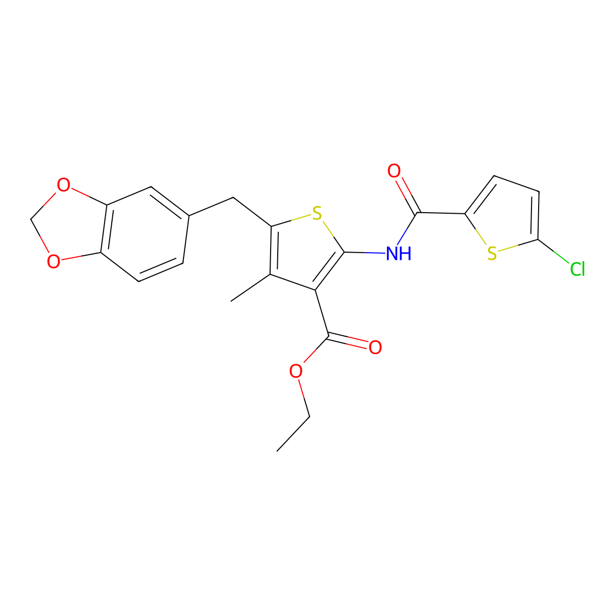 Ethyl 5-(benzo[d][1,3]dioxol-5-ylmethyl)-2-(5-chlorothiophene-2-carboxamido)-4-methylthiophene-3-carboxylate molecular structure, CAS 476365-87-4