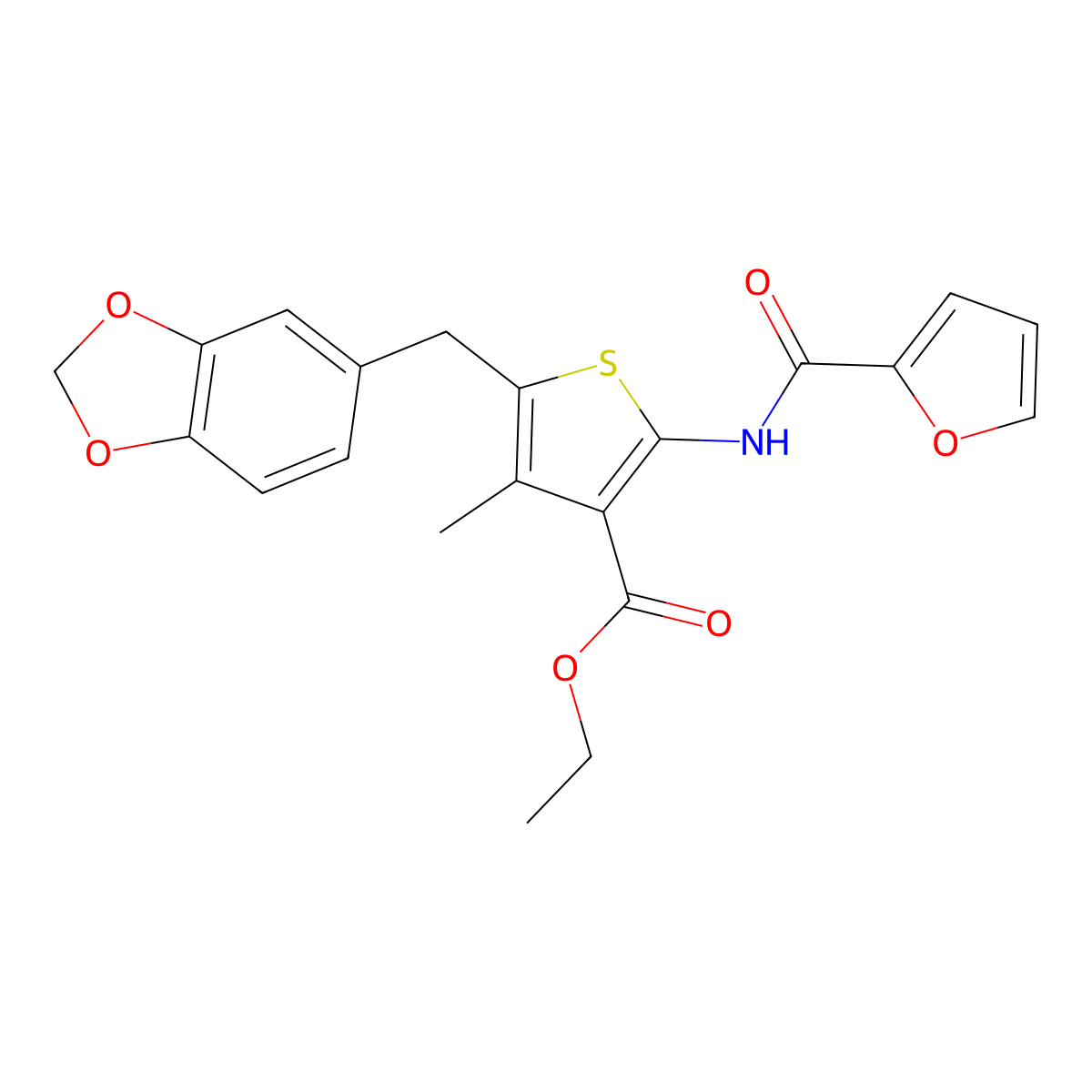 Ethyl 5-(1,3-benzodioxol-5-ylmethyl)-2-(furan-2-carbonylamino)-4-methylthiophene-3-carboxylate molecular structure, CAS 476365-89-6
