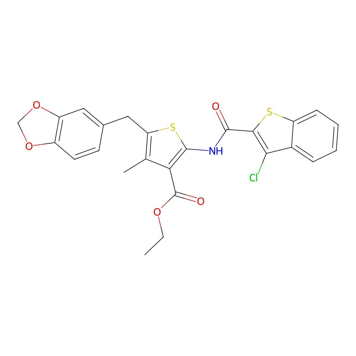 Ethyl 5-(benzo[d][1,3]dioxol-5-ylmethyl)-2-(3-chlorobenzo[b]thiophene-2-carboxamido)-4-methylthiophene-3-carboxylate molecular structure, CAS 476365-99-8