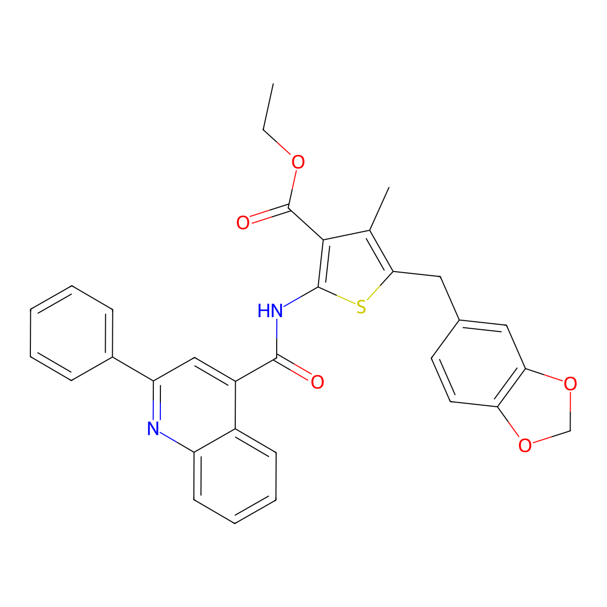 Ethyl 5-(1,3-benzodioxol-5-ylmethyl)-4-methyl-2-[(2-phenylquinoline-4-carbonyl)amino]thiophene-3-carboxylate molecular structure, CAS 476366-03-7