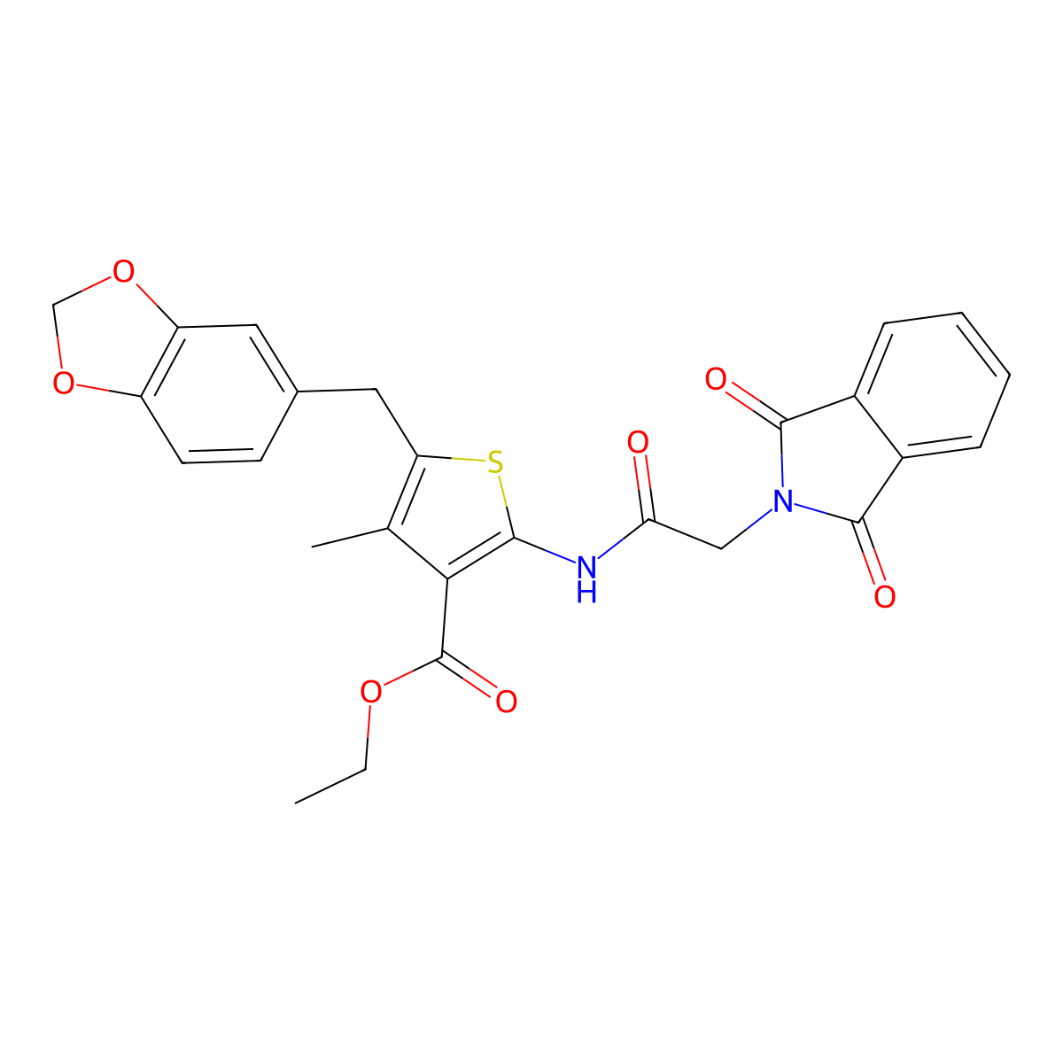 Ethyl 5-(1,3-benzodioxol-5-ylmethyl)-2-[[2-(1,3-dioxoisoindol-2-yl)acetyl]amino]-4-methylthiophene-3-carboxylate molecular structure, CAS 476366-06-0