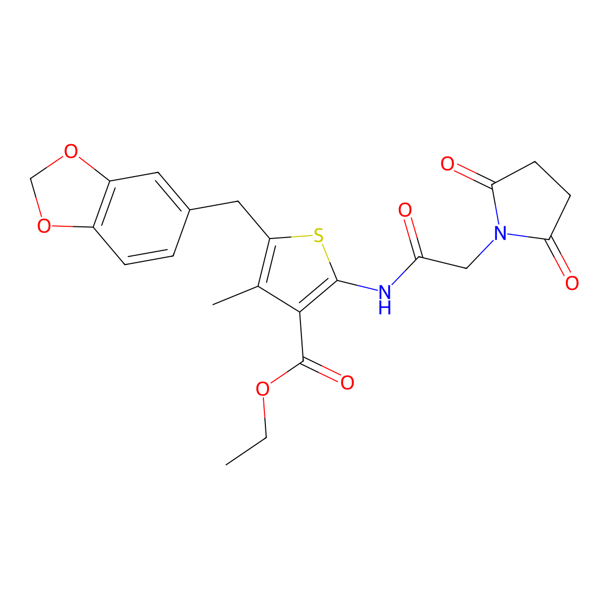 Ethyl 5-(benzo[d][1,3]dioxol-5-ylmethyl)-2-(2-(2,5-dioxopyrrolidin-1-yl)acetamido)-4-methylthiophene-3-carboxylate molecular structure, CAS 476366-07-1