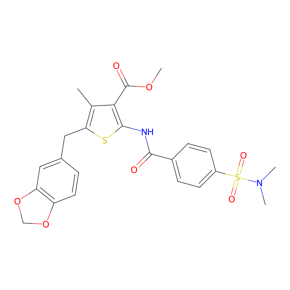 Methyl 5-(1,3-benzodioxol-5-ylmethyl)-2-[[4-(dimethylsulfamoyl)benzoyl]amino]-4-methylthiophene-3-carboxylate molecular structure, CAS 476366-22-0