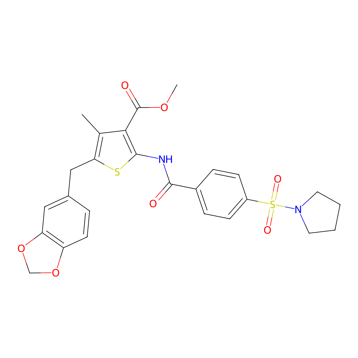 Methyl 5-(benzo[d][1,3]dioxol-5-ylmethyl)-4-methyl-2-(4-(pyrrolidin-1-ylsulfonyl)benzamido)thiophene-3-carboxylate molecular structure, CAS 476366-26-4