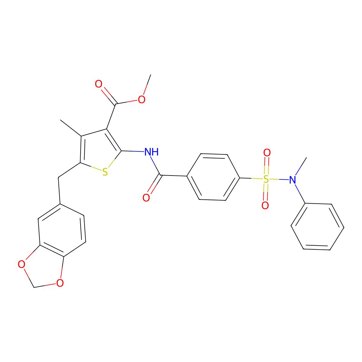 methyl 5-(benzo[d][1,3]dioxol-5-ylmethyl)-4-methyl-2-(4-(N-methyl-N-phenylsulfamoyl)benzamido)thiophene-3-carboxylate molecular structure, CAS 476366-29-7
