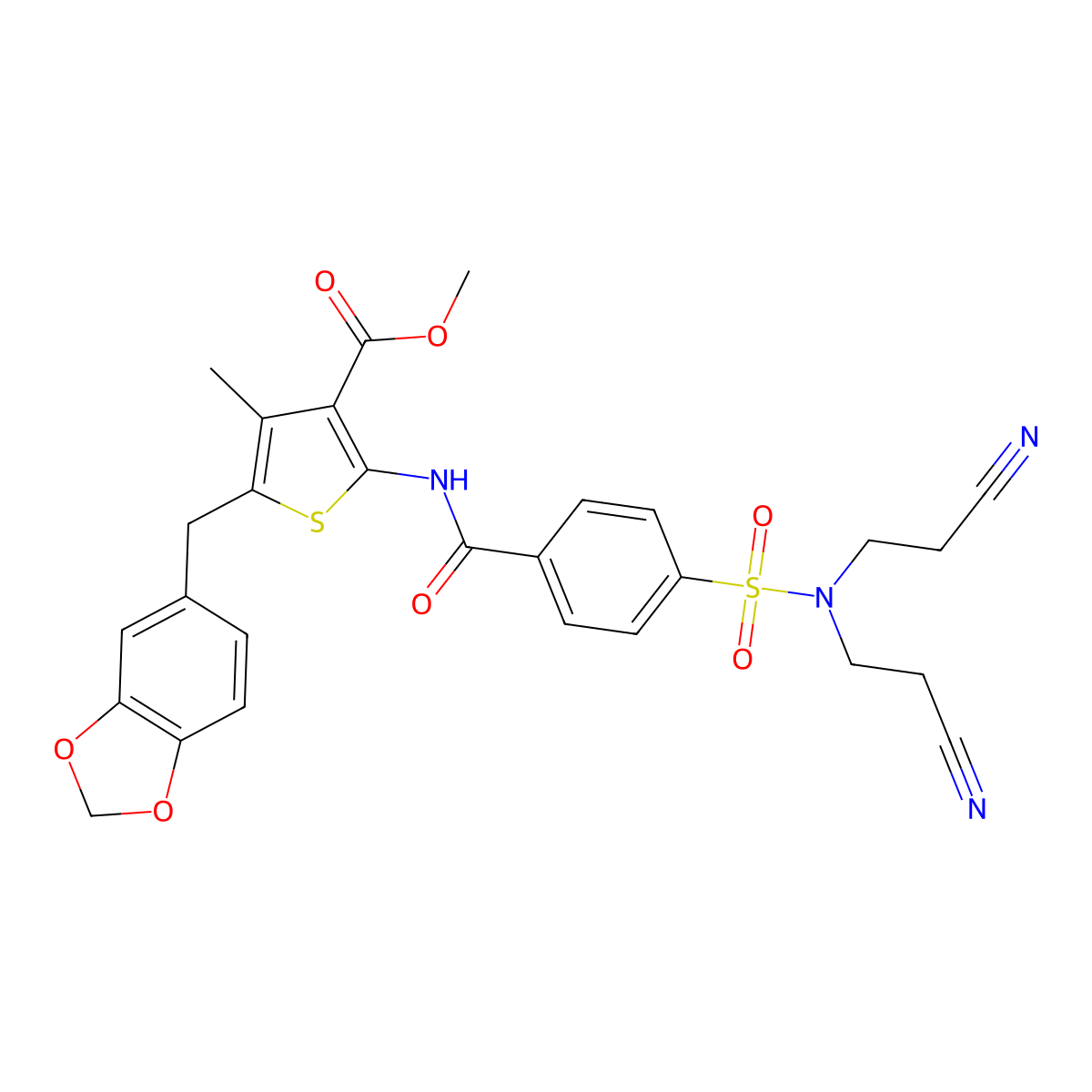 Methyl 5-(1,3-benzodioxol-5-ylmethyl)-2-[[4-[bis(2-cyanoethyl)sulfamoyl]benzoyl]amino]-4-methylthiophene-3-carboxylate molecular structure, CAS 476366-32-2