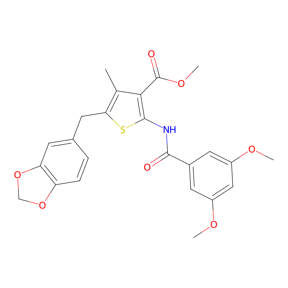 Methyl 5-(benzo[d][1,3]dioxol-5-ylmethyl)-2-(3,5-dimethoxybenzamido)-4-methylthiophene-3-carboxylate molecular structure, CAS 476366-40-2