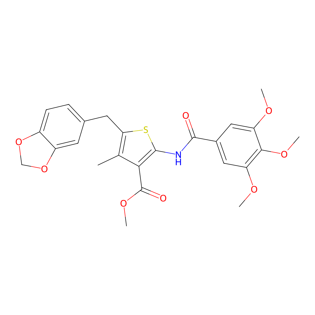 Methyl 5-(1,3-benzodioxol-5-ylmethyl)-4-methyl-2-[(3,4,5-trimethoxybenzoyl)amino]thiophene-3-carboxylate molecular structure, CAS 476366-46-8