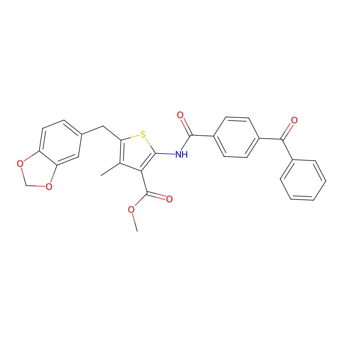 Methyl 5-(benzo[d][1,3]dioxol-5-ylmethyl)-2-(4-benzoylbenzamido)-4-methylthiophene-3-carboxylate molecular structure, CAS 476366-49-1