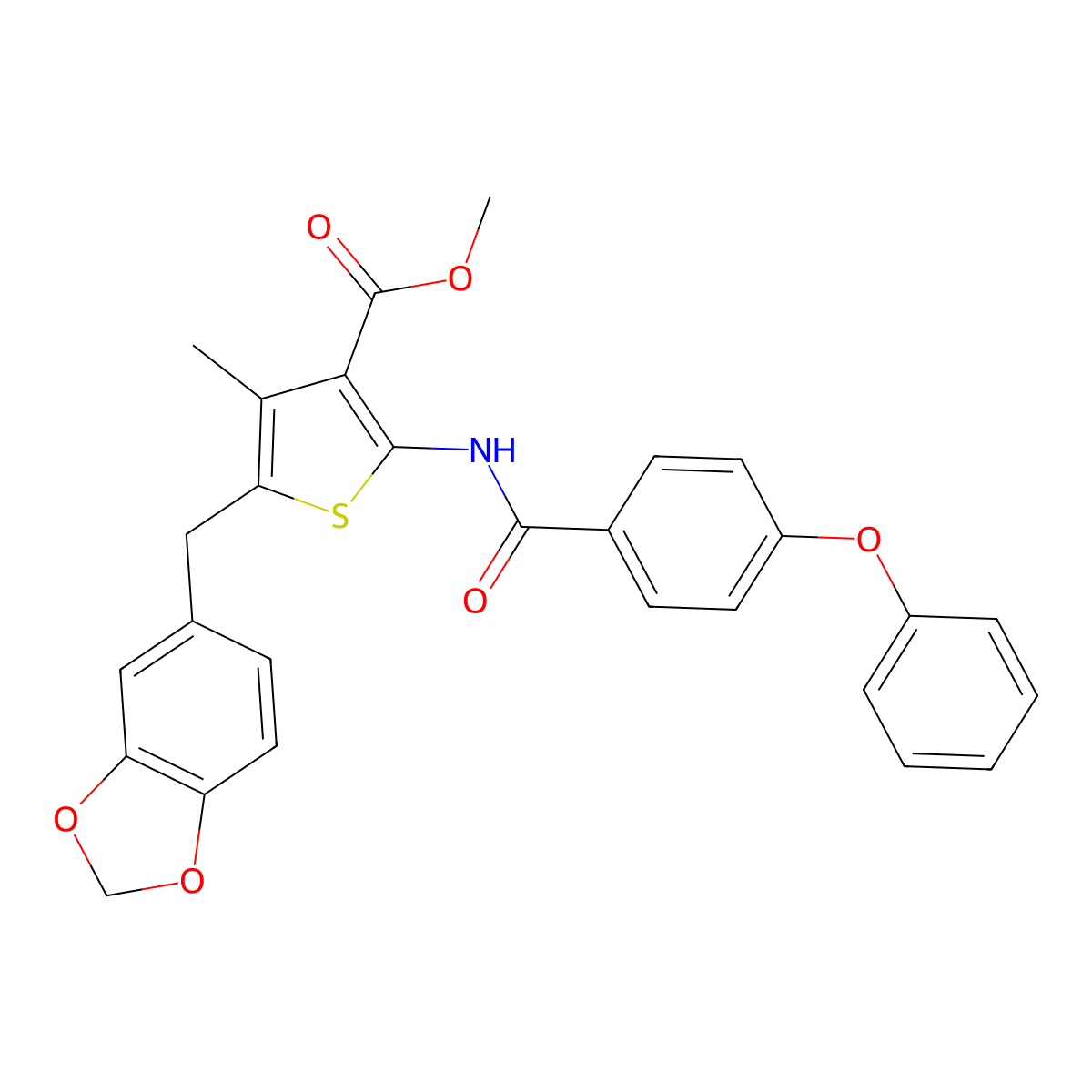 Methyl 5-(benzo[d][1,3]dioxol-5-ylmethyl)-4-methyl-2-(4-phenoxybenzamido)thiophene-3-carboxylate molecular structure, CAS 476366-50-4