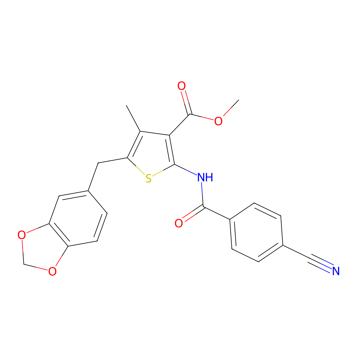 Methyl 5-(1,3-benzodioxol-5-ylmethyl)-2-[(4-cyanobenzoyl)amino]-4-methylthiophene-3-carboxylate molecular structure, CAS 476366-56-0