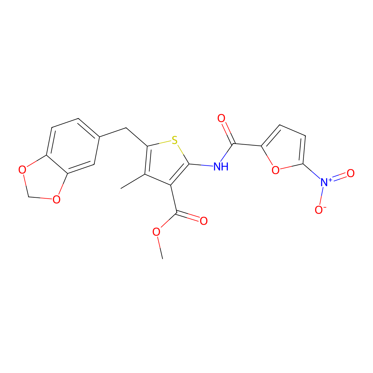 Methyl 5-(benzo[d][1,3]dioxol-5-ylmethyl)-4-methyl-2-(5-nitrofuran-2-carboxamido)thiophene-3-carboxylate molecular structure, CAS 476366-82-2