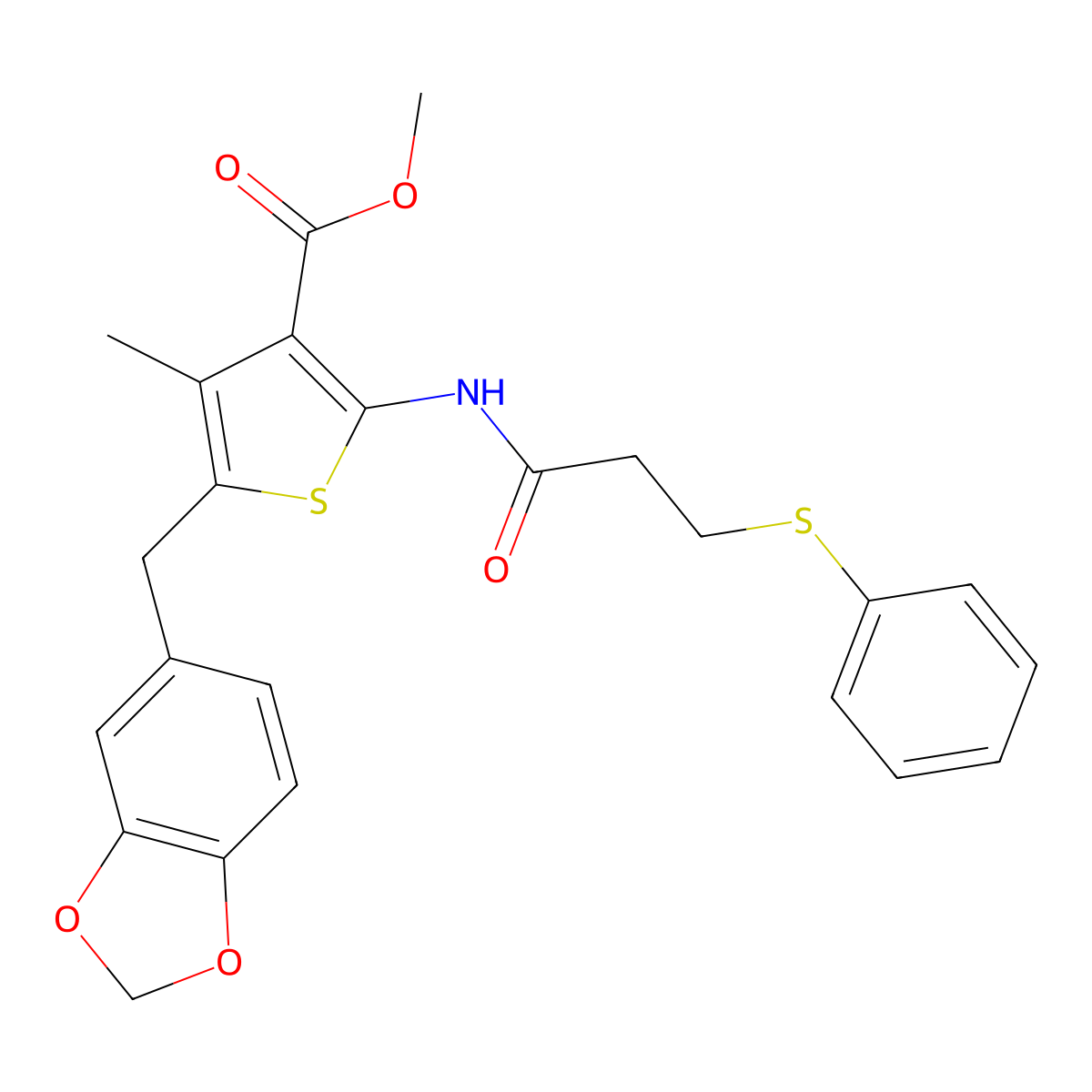 Methyl 5-(1,3-benzodioxol-5-ylmethyl)-4-methyl-2-(3-phenylsulfanylpropanoylamino)thiophene-3-carboxylate molecular structure, CAS 476366-95-7