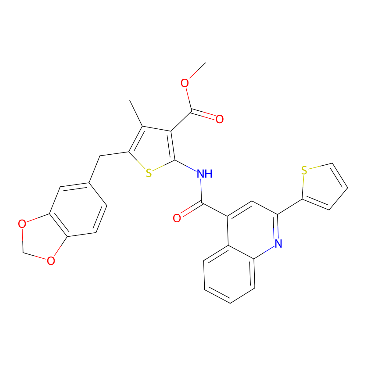 Methyl 5-(benzo[d][1,3]dioxol-5-ylmethyl)-4-methyl-2-(2-(thiophen-2-yl)quinoline-4-carboxamido)thiophene-3-carboxylate molecular structure, CAS 476366-97-9