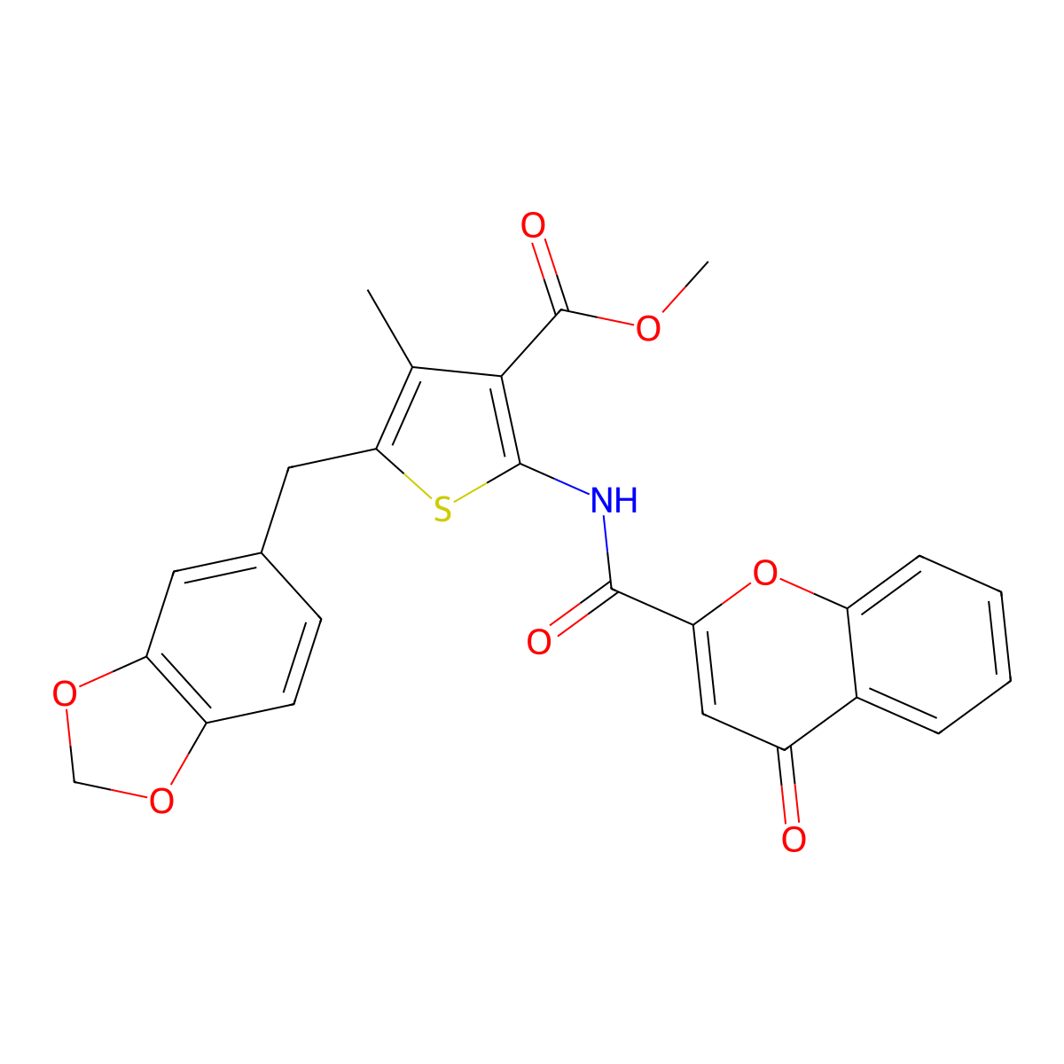 Methyl 5-(1,3-benzodioxol-5-ylmethyl)-4-methyl-2-[(4-oxochromene-2-carbonyl)amino]thiophene-3-carboxylate molecular structure, CAS 476366-98-0