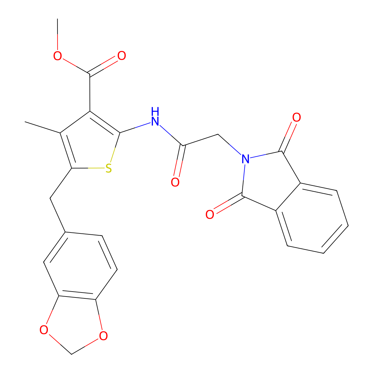 Methyl 5-(1,3-benzodioxol-5-ylmethyl)-2-[[2-(1,3-dioxoisoindol-2-yl)acetyl]amino]-4-methylthiophene-3-carboxylate molecular structure, CAS 476366-99-1