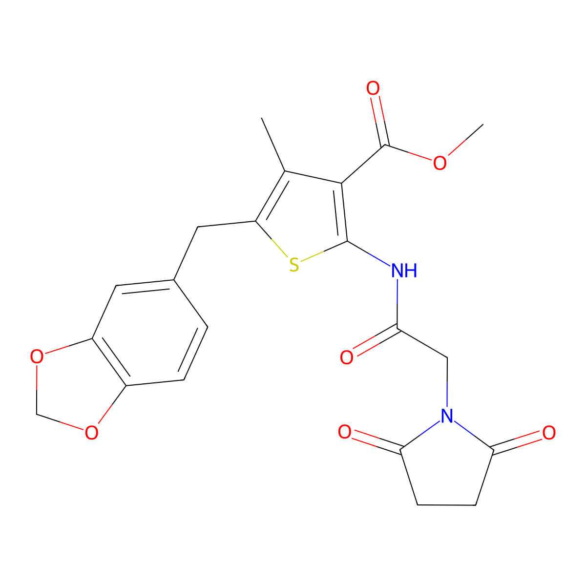 Methyl 5-(1,3-benzodioxol-5-ylmethyl)-2-[[2-(2,5-dioxopyrrolidin-1-yl)acetyl]amino]-4-methylthiophene-3-carboxylate molecular structure, CAS 476367-00-7