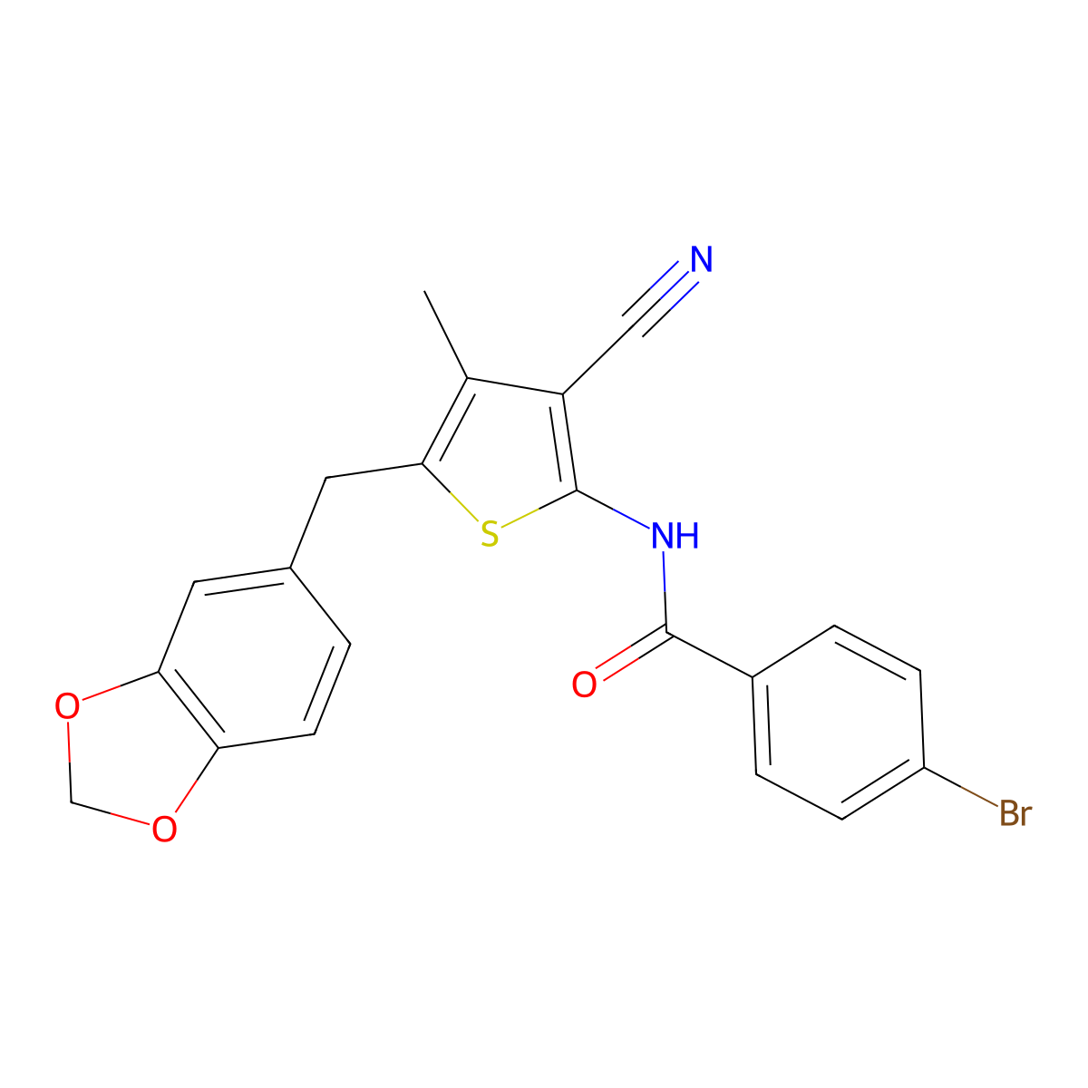 N-(5-(benzo[d][1,3]dioxol-5-ylmethyl)-3-cyano-4-methylthiophen-2-yl)-4-bromobenzamide molecular structure, CAS 476367-09-6