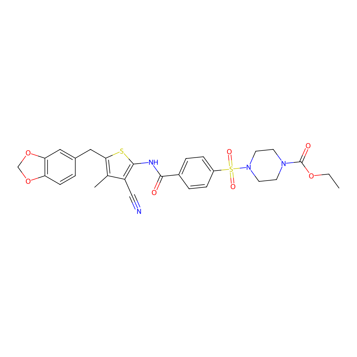 Ethyl 4-[4-[[5-(1,3-benzodioxol-5-ylmethyl)-3-cyano-4-methylthiophen-2-yl]carbamoyl]phenyl]sulfonylpiperazine-1-carboxylate molecular structure, CAS 476367-33-6